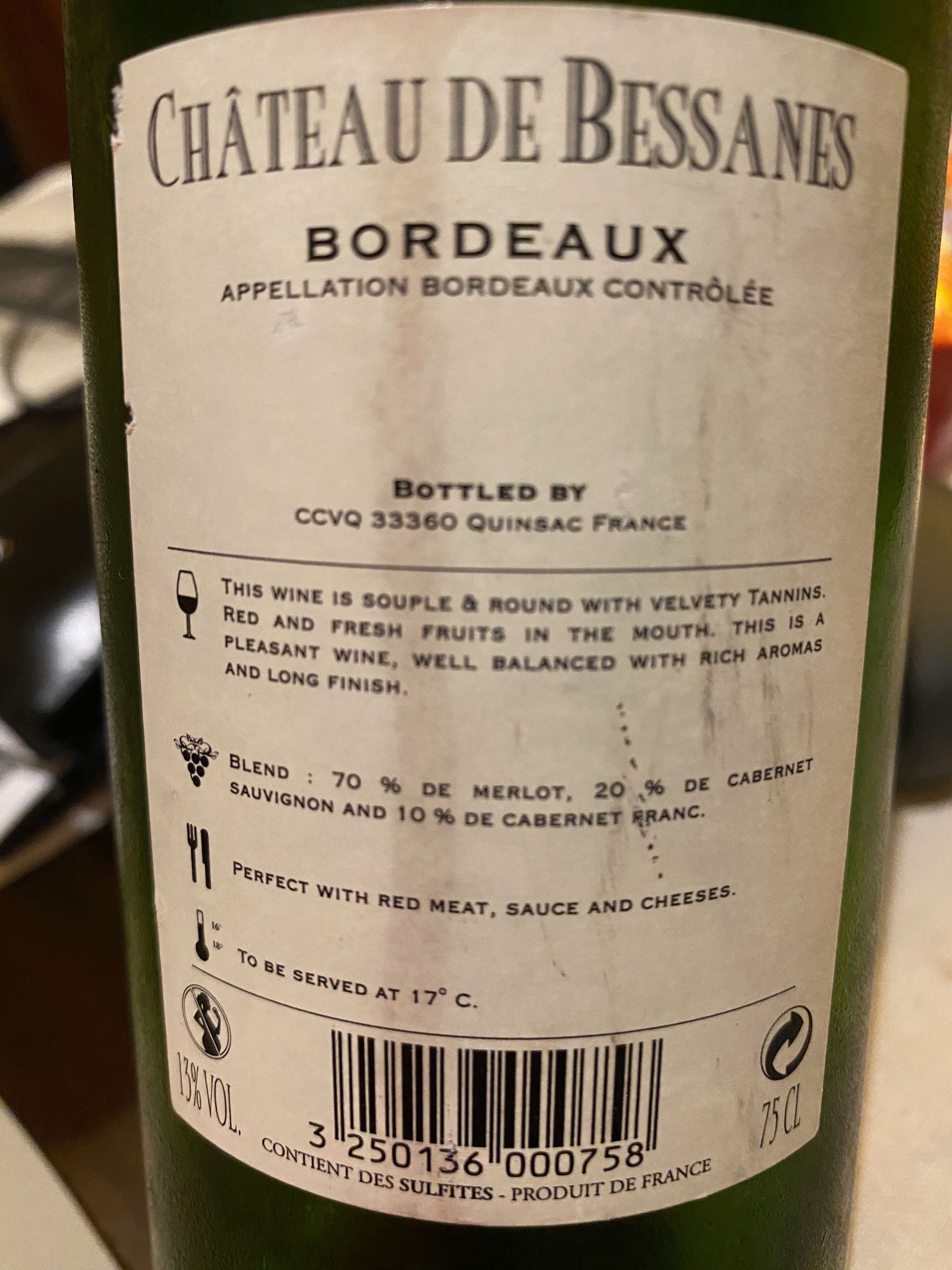 Château De Bessanes Bordeaux 2011 - AOC Bordeaux - back label